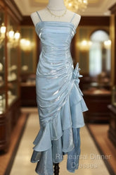 Retro Baby Blue Vintage Floral Dress Asymmetrical Hem Semi Formal Prom Gown